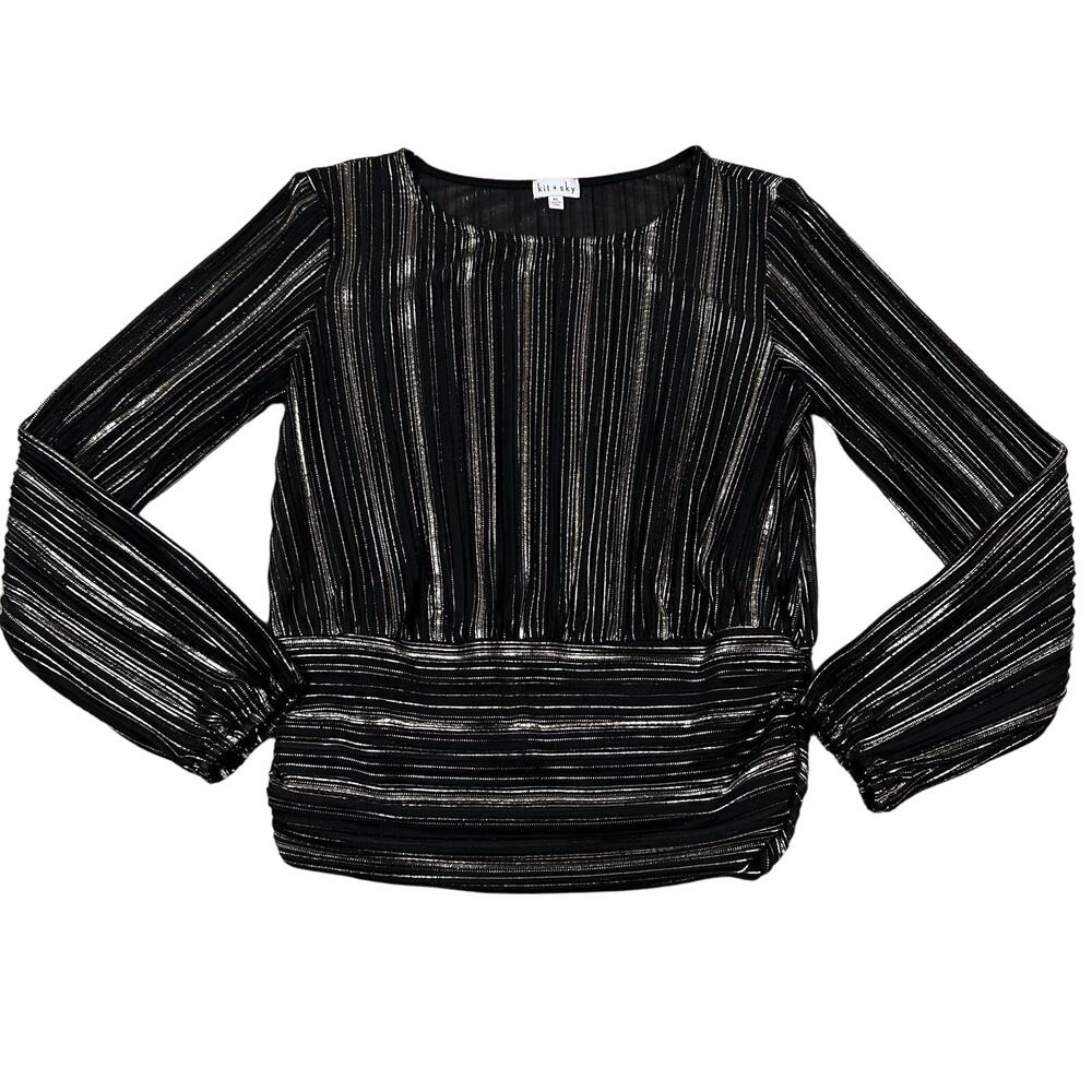 Kit + Sky Blouse Womens XL Black Silver Excellent Metallic Shimmer Ruched Waist